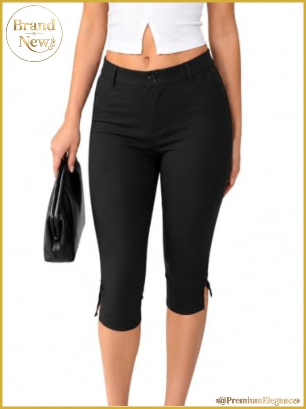 Skinny Capri Pants with Side Slit Hem, Stretch Work Crop Pants